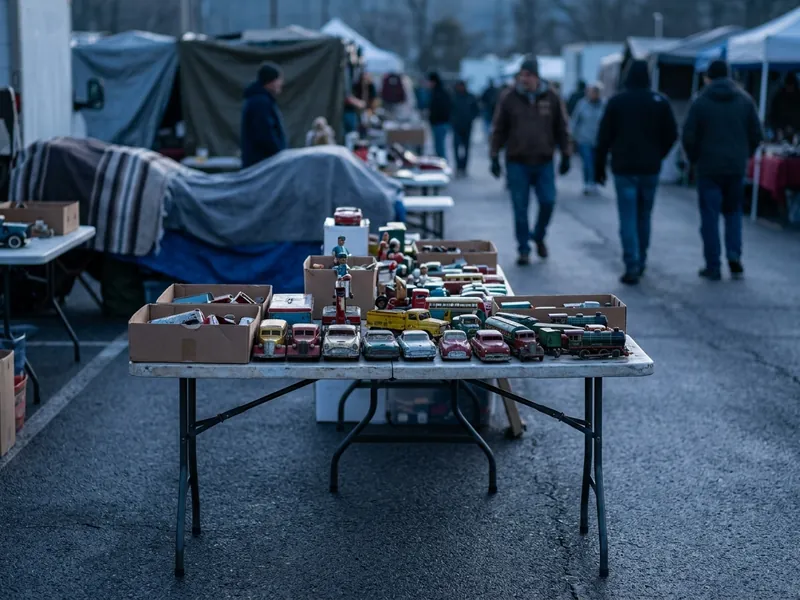 AI-generated illustration of a market. Not a photograph of Flea Land Flea Market.